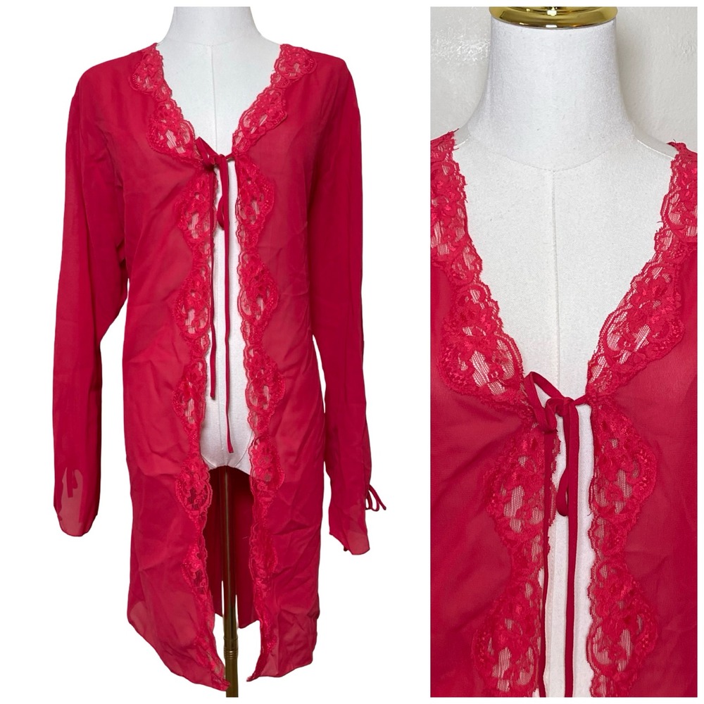 Bed of Roses Sheer Lace Trim Robe‎ Women XL Red Tie Front Chiffon Y2K Romantic